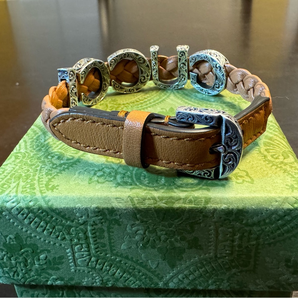 New Authentic Gucci Logo Silver Brown Leather Bracelet Size L / Wrist Up To 8” - Picture 7 of 12